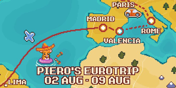 A pixel-art style map showing 'PIERO'S EUROTRIP 02 AUG - 09 AUG' with a red travel line going from Lima, past a piñata character, to Madrid, Valencia, Rome, and Paris.
