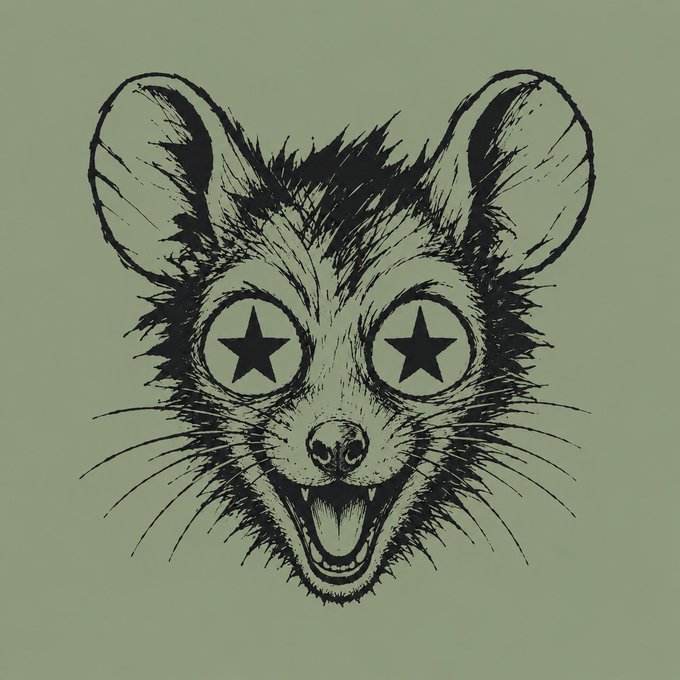 A stylized black ink illustration of a wild mouse or rat with an open mouth showing teeth, on a sage green background, with black star symbols in place of eyes—matching the eerie, cryptic "floorboard language" tone of the post about the $SKRALL (#SCRALL) Solana meme coin on a DEX.