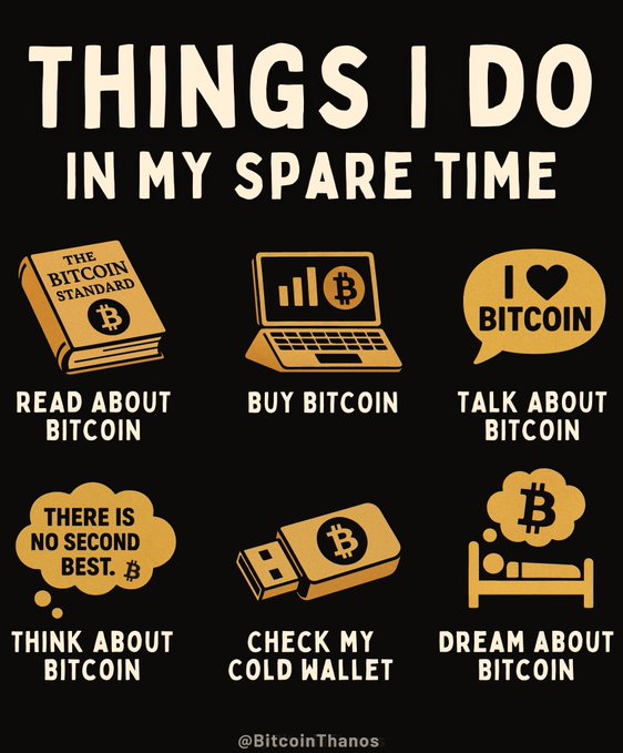 A black and gold graphic titled 'THINGS I DO IN MY SPARE TIME' listing activities like 'Read About Bitcoin,' 'Buy Bitcoin,' 'Talk About Bitcoin,' 'Think About Bitcoin,' 'Check My Cold Wallet,' and 'Dream About Bitcoin,' credited to @BitcoinThanos.