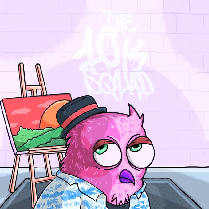 Cartoon illustration of a pink furry character wearing a small black top hat and blue floral shirt, standing in front of a wall with "The Lost Island" graffiti and an easel holding a sunset painting.