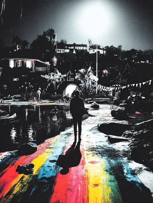 The image depicts a street with a rainbow painted on the road, where a person is walking across it wearing black clothes. The photo is taken at night, emphasizing the silhouettes of people against the colorful background. There are several umbrellas scattered around in various parts of the scene, adding an interesting element to the image and suggesting that this might be a street fair or outdoor event taking place near the beach house. The overall tone of the image creates a sense of intrigue as it combines elements from urban life with the vibrant colors of the rainbow.