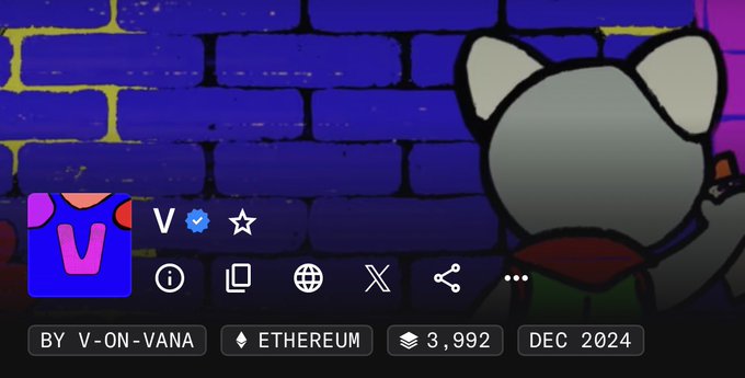 A digital interface showing 'V-ON-VANA' on the ETHEREUM network, priced at 3,992, with a cartoon mouse character in the background.