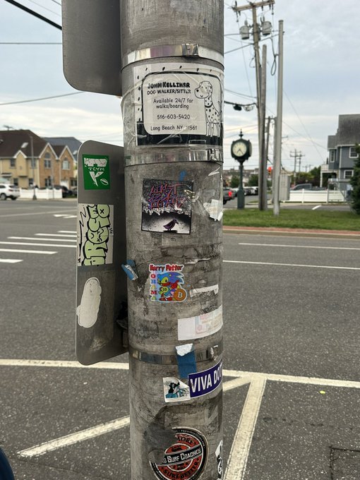 A street-level photo of a metal utility pole covered in various stickers including 'Jakob Kellner Dog Walker/Pet Sitter', a 'Merry Potter' sticker, and a 'Viva' sticker, with a street and houses in the background.