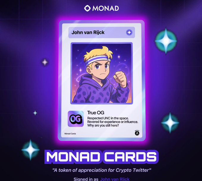 Digital collectible 'Monad Card' for John van Rijck, featuring an anime-style character in purple, titled 'True OG' with the tagline 'A token of appreciation for Crypto Twitter'.