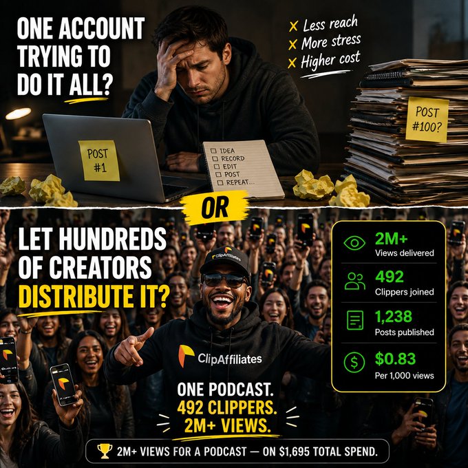 The image is a promotional graphic for ClipAffiliates contrasting two podcast promotion approaches: a single account struggling to handle "POST #1" out of "#100?" with resulting "Less reach, More stress, Higher cost," versus leveraging 492 clippers who generated "2M+ Views," "1,238 Posts published," at "$0.83 Per 1,000 views"—directly supporting the post's claim that $1,695 in spend turned one podcast into a 2M+ view distribution network.