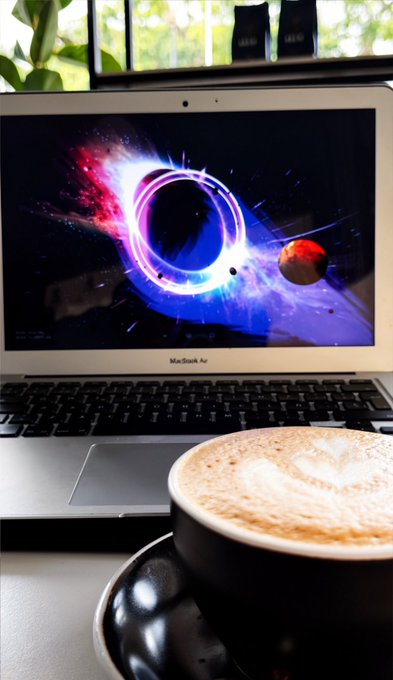 A MacBook Air laptop with a black hole/galaxy wallpaper sits open next to a cup of latte on a saucer, with windows in the background.