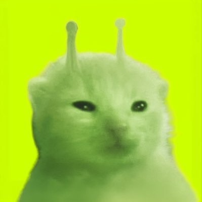 A surreal close-up image of a fluffy white cat with two antenna-like protrusions on its head, set against a bright yellow-green background.