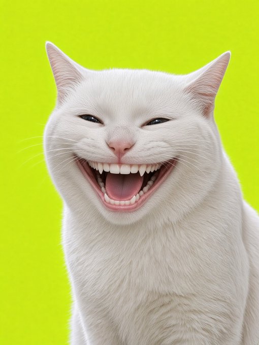 A grinning white cat with an exaggerated open-mouthed smile, looking mischievously toward the camera against a bright yellow-green background.

The image relates to the post by capturing that classic "degen meme trader" energy—the wildly enthusiastic, almost manic grin perfectly embodies the speculative, lottery-ticket mindset of someone jumping into meme coins or meme stocks hoping for that 100M moonshot.