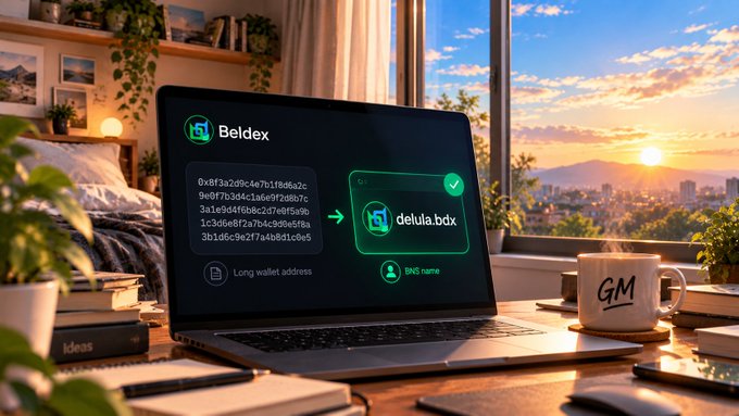 A laptop on a desk displays the Beldex BNS (Blockchain Name Service) interface, showing a long wallet address converting to the BNS name 'delula.bdx' against a sunset cityscape background.