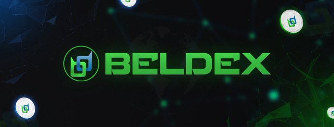 A promotional banner for BELDEX cryptocurrency featuring its logo in green against a dark network-themed background.