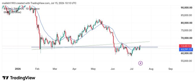 The image shows a TradingView chart of BTCUSDT perpetual contract on Binance, displaying price action from early 2026 through July with an EMA 20 moving average, where Bitcoin has fallen from a peak near $88,000 to around $63,201—visually illustrating the post's point about how hype-driven rallies lead to sharp dumps as whales sell into retail buying after major news or listings.
