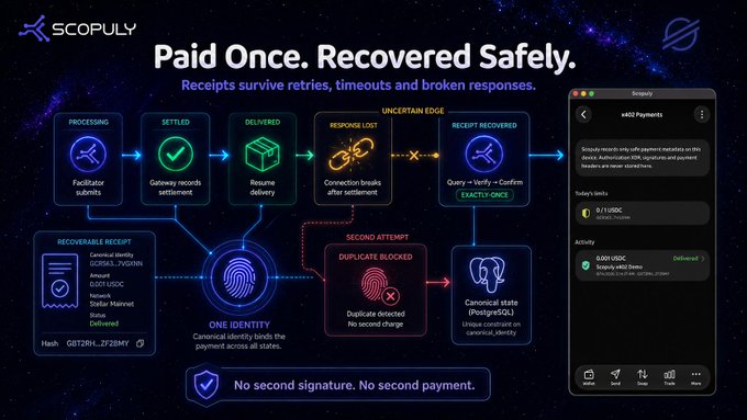A Scopuly infographic titled 'Paid Once. Recovered Safely' explaining the payment processing flow including Processing, Settled, Delivered, Response Lost, and Receipt Recovered stages, with the tagline 'No second signature. No second payment.'