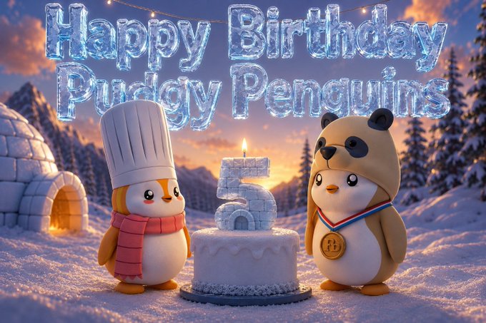 A 3D-rendered birthday scene featuring two Pudgy Penguins characters, one in a chef hat and another with a panda hood, standing next to a cake topped with the number 5, under icy 'Happy Birthday Pudgy Penguins' lettering.