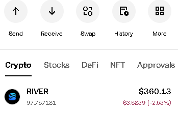 A cryptocurrency wallet interface showing navigation icons for Send, Receive, Swap, History, and More, with the 'Crypto' tab selected and an asset named RIVER valued at $360.13, down 2.53%.
