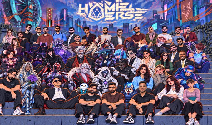 A digital illustration showing a large group of cartoon-style characters with various features (including anime, fantasy, and realistic humans) seated together on steps in front of a futuristic cityscape, with the text 'HOME BASE' at the top.
