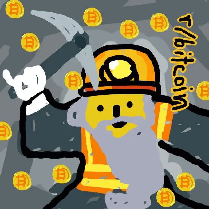 A cartoon koala miner holding a pickaxe is surrounded by floating Bitcoin coins against a rocky background.