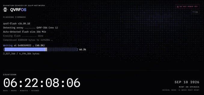 A dark-themed interface or screenshot showing 'QUANTUM NODES BY QUIP NETWORK - QVRFOS' with details about a 'qrvrf-flash v26.09.10' firmware update including a progress bar at 60.3% and a countdown timer reading '06:22:08:06' dated SEP 10 2026.