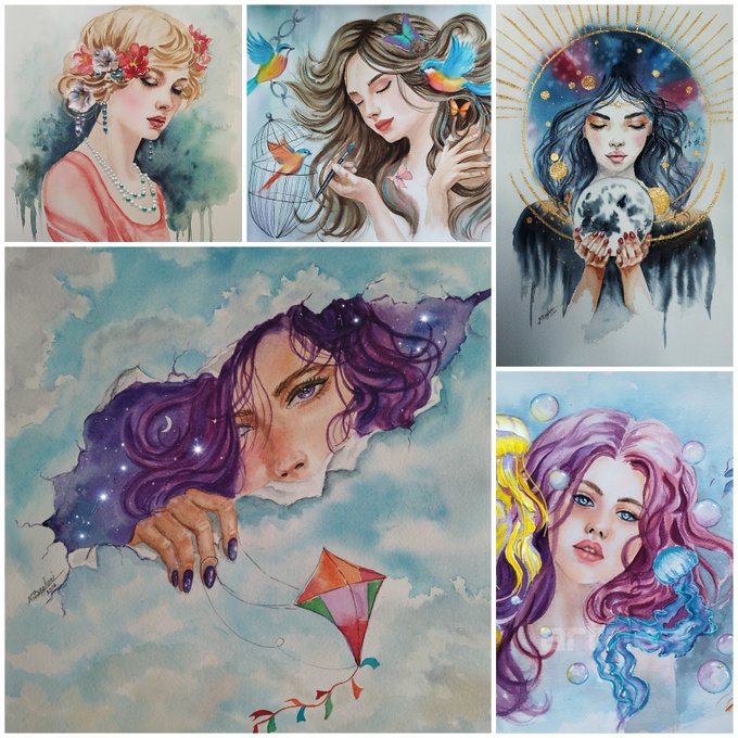 A collage of four watercolor-style fantasy illustrations featuring women with flowing hair, birds, a moon, a kite, and dreamlike cosmic elements.