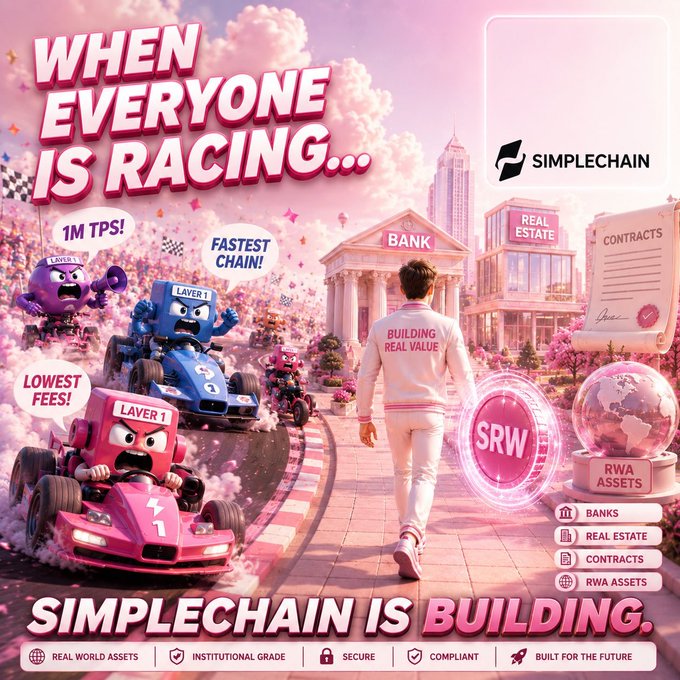 A Simplechain promotional poster reading 'When Everyone is Racing... Simplechain is Building' featuring cartoon race cars and a figure in a 'Building Real Value' jacket, highlighting Real World Assets.