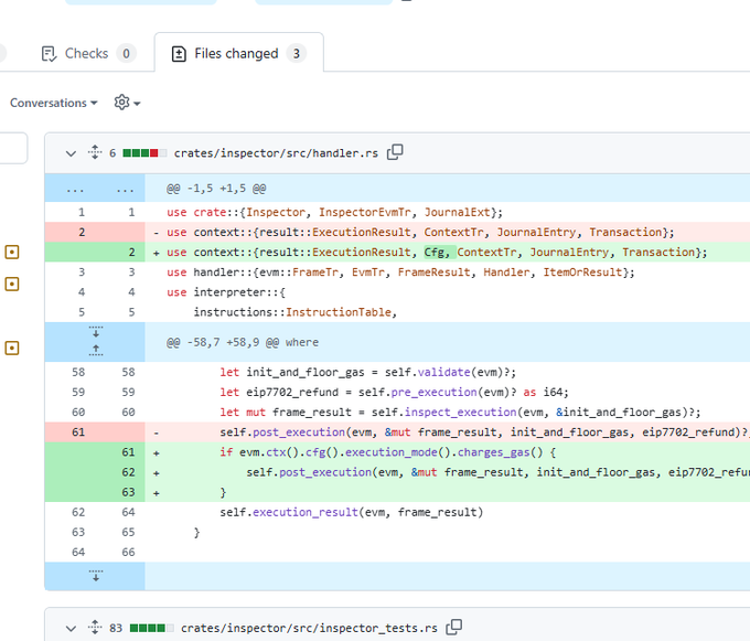 A screenshot of a GitHub pull request diff showing code changes in Rust files, including 'crates/inspector/src/handler.rs' with modifications to imports and a function checking for execution mode changes.