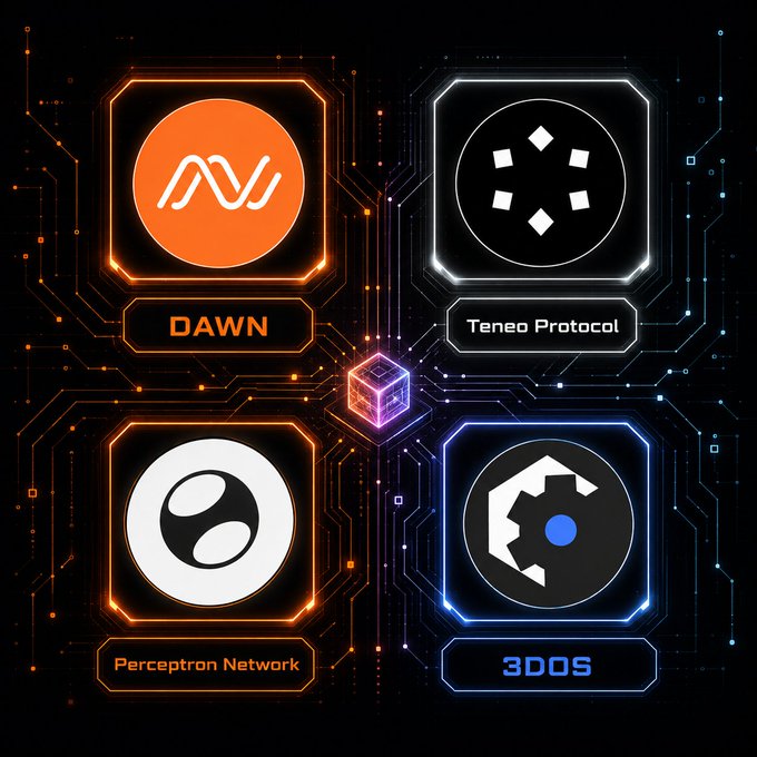 A digital graphic displaying four tech/crypto logos with neon circuit-style backgrounds, labeled 'DAWN', 'Teneo Protocol', 'Perceptron Network', and '3DOS'.
