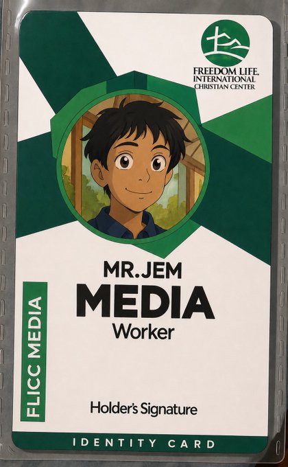 An ID card from 'FREEDOM LIFE INTERNATIONAL CHRISTIAN CENTER' names 'MR. JEM' as a 'MEDIA Worker' with an anime-style portrait.