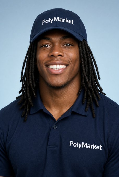 A smiling man with dreadlocks wearing a navy blue PolyMarket cap and matching polo shirt, posing against a light blue background.