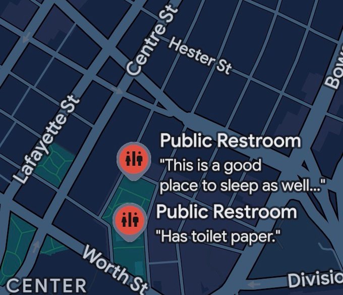 A dark-themed digital map shows two "Public Restroom" locations near Worth St and Lafayette St, each marked with an orange icon and a review—one reading "This is a good place to sleep as well..." and the other "Has toilet paper."