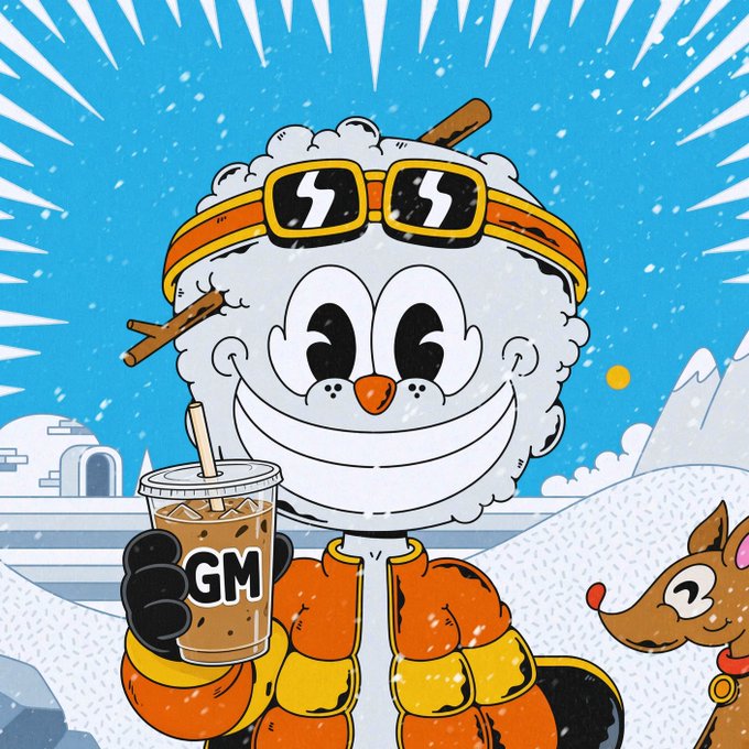 A cartoon illustration depicts a round, snow-like character wearing an orange puffy jacket, ski goggles, and a mask, holding a boba drink labeled 'BGM' in a snowy landscape with an igloo.