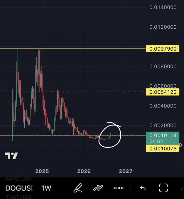 The image shows a weekly candlestick chart of $DOG (DOGUSDT on NPCUSL) with key price levels marked: range high at 0.0097909, mid-level at 0.0054120, and current consolidation around 0.0010114. A hand-drawn white circle highlights the price action near the range low, illustrating the trader's analysis that a bounce from this support could send price back into the range toward 0.0054120 and potentially retest 0.0097909.