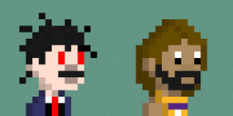 A pixel art image showing two characters with black hair and red eyes; one wears a suit with a red tie, and the other has a beard and wears an orange shirt.