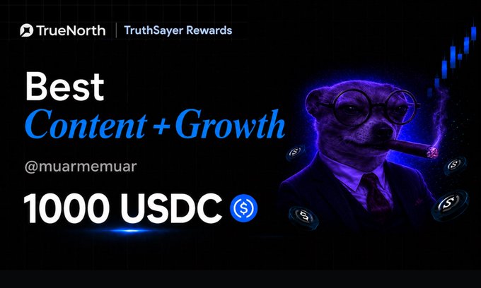 A promotional graphic from TrueNorth's "TruthSayer Rewards" program awarding "Best Content + Growth" to @muarmemuar, featuring 1,000 USDC alongside an anthropomorphic meerkat mascot in a suit with glasses and a cigar. The graphic visually highlights this week's top content creator recognized for rigorously testing TrueNorth against nine other AI trading tools.