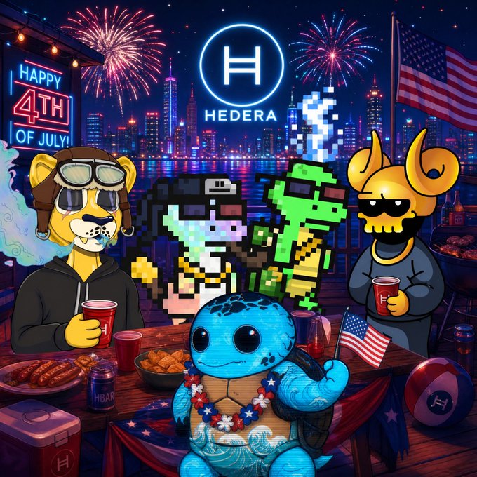 A Hedera (HBAR) themed Fourth of July illustration featuring cartoon characters including a turtle, cheetah, and rams celebrating with a BBQ, fireworks, and the Hedera logo and American flag in the background.