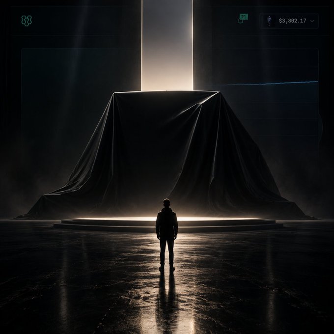A dark, atmospheric digital artwork showing a silhouetted figure standing before a large, cloth-covered object illuminated by a vertical beam of light.