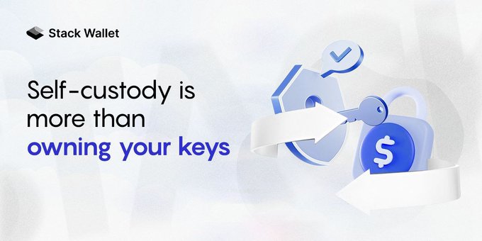 A promotional graphic for Stack Wallet reading 'Self-custody is more than owning your keys' with an illustration of a key and a padlock.