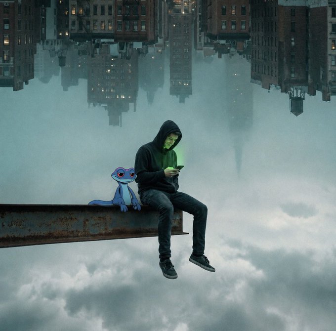 A surreal digital illustration of a hooded figure with a glowing green face sitting on a steel beam beside a blue lizard, with an inverted city skyline in the clouds above.