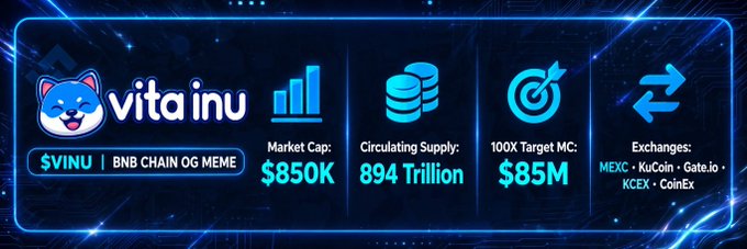 A promotional banner for the cryptocurrency 'vitainu' ($VINU) on BNB Chain, displaying a market cap of '$850K', a circulating supply of '894 Trillion', and listing exchanges like MEXC, KuCoin, and Gate.io.