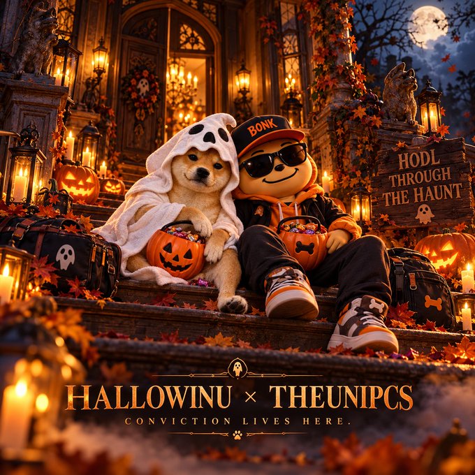 A Halloween-themed promotional image featuring a Shiba Inu dog dressed as a ghost and a cartoon character wearing a 'BONK' cap, sitting on stairs with pumpkins and candles, with text reading 'HALLOWINU x THEUNIPCS', 'HODL THROUGH THE HAUNT', and 'CONVICTION LIVES HERE.'