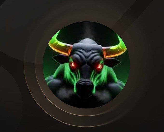Dark circular logo featuring a menacing black bull with glowing red eyes and green neon-lit horns, likely a cryptocurrency or gaming project mascot.