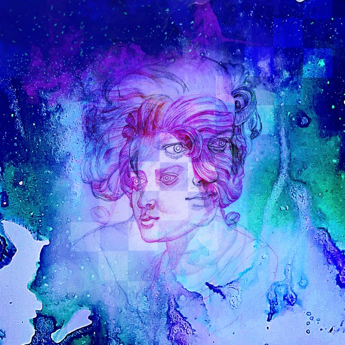 A vibrant watercolor and ink illustration featuring overlapping ethereal faces with flowing hair, rendered in shades of purple, blue, and teal against a cosmic, paint-splattered background.