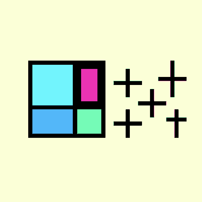 A minimalist graphic featuring a black square containing colored rectangles (cyan, pink, blue, mint) alongside several black plus signs on a pale yellow background.