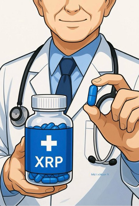 An anime-style illustration shows a doctor in a white coat holding a prescription bottle labeled 'XRP' filled with blue pills, while holding up one pill in the other hand.