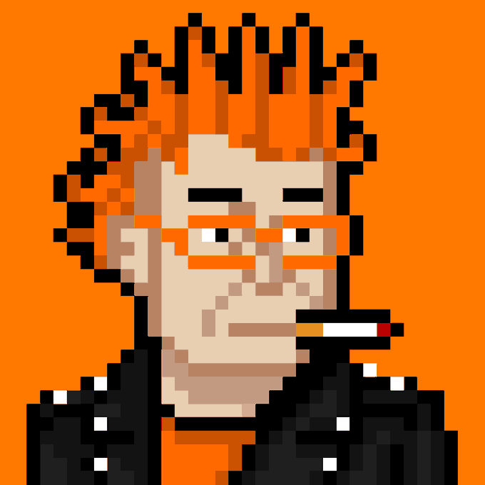 A pixel art portrait of a man with spiky orange hair, orange glasses, and a cigarette in his mouth, wearing a black jacket against an orange background.