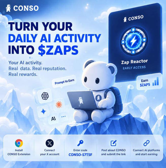 A promotional graphic for 'CONSO' featuring a white bear mascot on a laptop with the headline 'TURN YOUR DAILY AI ACTIVITY INTO $ZAPS' and instructions to install the extension, connect X, enter code 'CONSO-S7SF', and connect AI platforms.