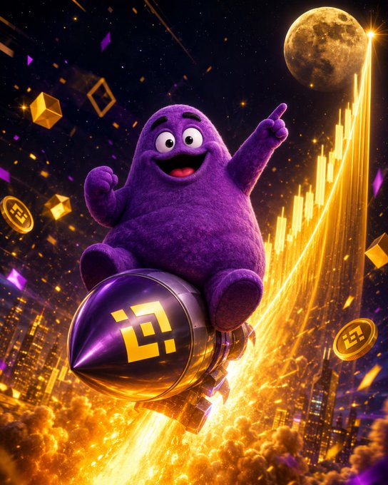 The image features a purple, cartoon-like character with a big smile sitting atop a rocket ship that has a "G" symbol on its side. The rocket ship appears to be flying through space or moving at high speed. In the background of the image, there are various buildings and other objects, suggesting an urban setting. The caption for this image reads: "抽 10 人 每人 1000 $Grimace 下 @BTC fuyao 和 @Grimace_BNB 这应该是最老的meme了, 1971年出来的马斯克互动过埋伏下", which is a reference to the meme created by the artist @Grimace.