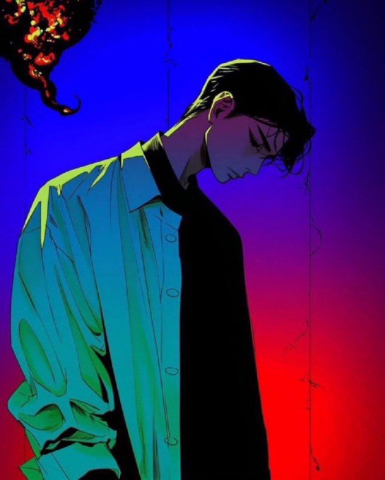 A stylized anime illustration of a man with dark hair wearing a black shirt and teal jacket, set against a vibrant gradient background with a dark, ink-like shape in the upper left corner.