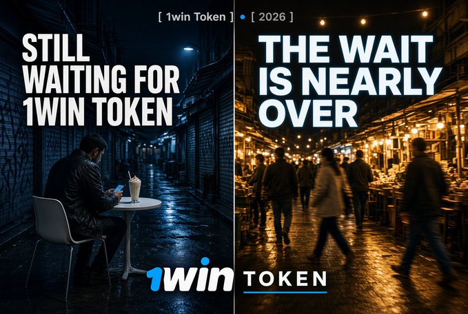 A promotional graphic for "1win Token 2026" with text reading "STILL WAITING FOR 1WIN TOKEN" alongside an image of a person at a table, and "THE WAIT IS NEARLY OVER" next to a crowded street scene.