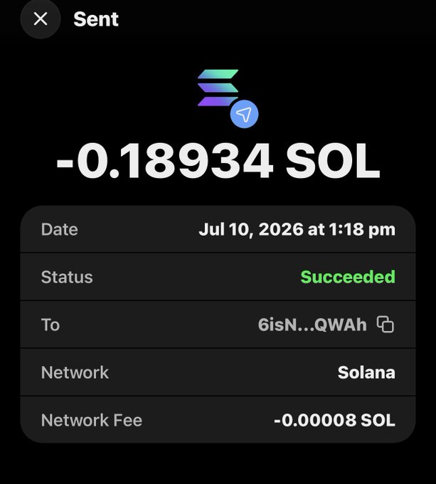 A screenshot of a successful Solana transaction showing -0.18934 SOL sent from address starting with "6isN...QWAH" on July 10, 2026. This receipt confirms the transfer of SOL tokens, aligning with the post claiming to send someone some $SOL.