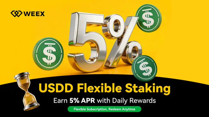 The image is a promotional banner for WEEX's USDD Flexible Staking, featuring a large 3D "5%" graphic in silver with green USDD coin icons and an hourglass, advertising "Earn 5% APR with Daily Rewards" and "Flexible Subscription, Redeem Anytime." It visually reinforces the post's message about generating daily returns on USDD holdings with flexible staking.