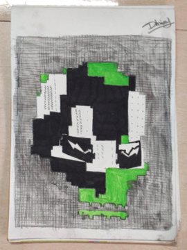 A signed black, white, and green pixelated artwork on cardboard featuring a fragmented face, with the caption celebrating the artist's mint-out success.
